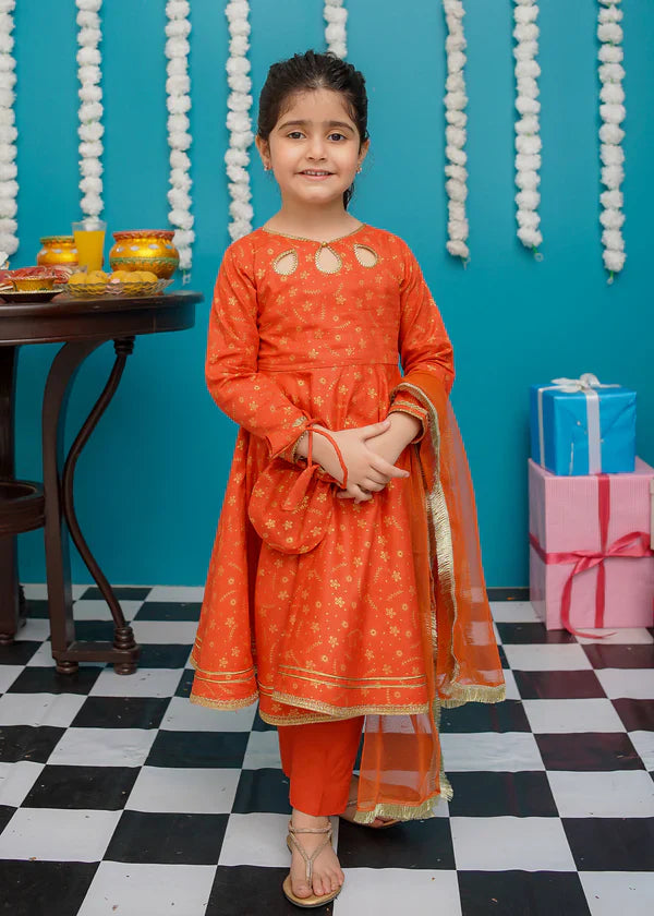 Kids Cotton Orange Frock 3-Piece Suit